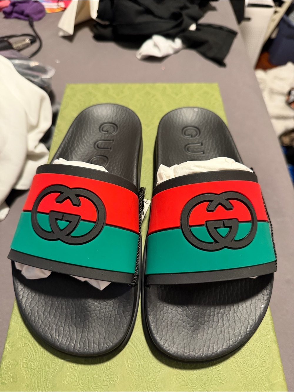 Gucci Black Slides with Red and Green Logo Strap